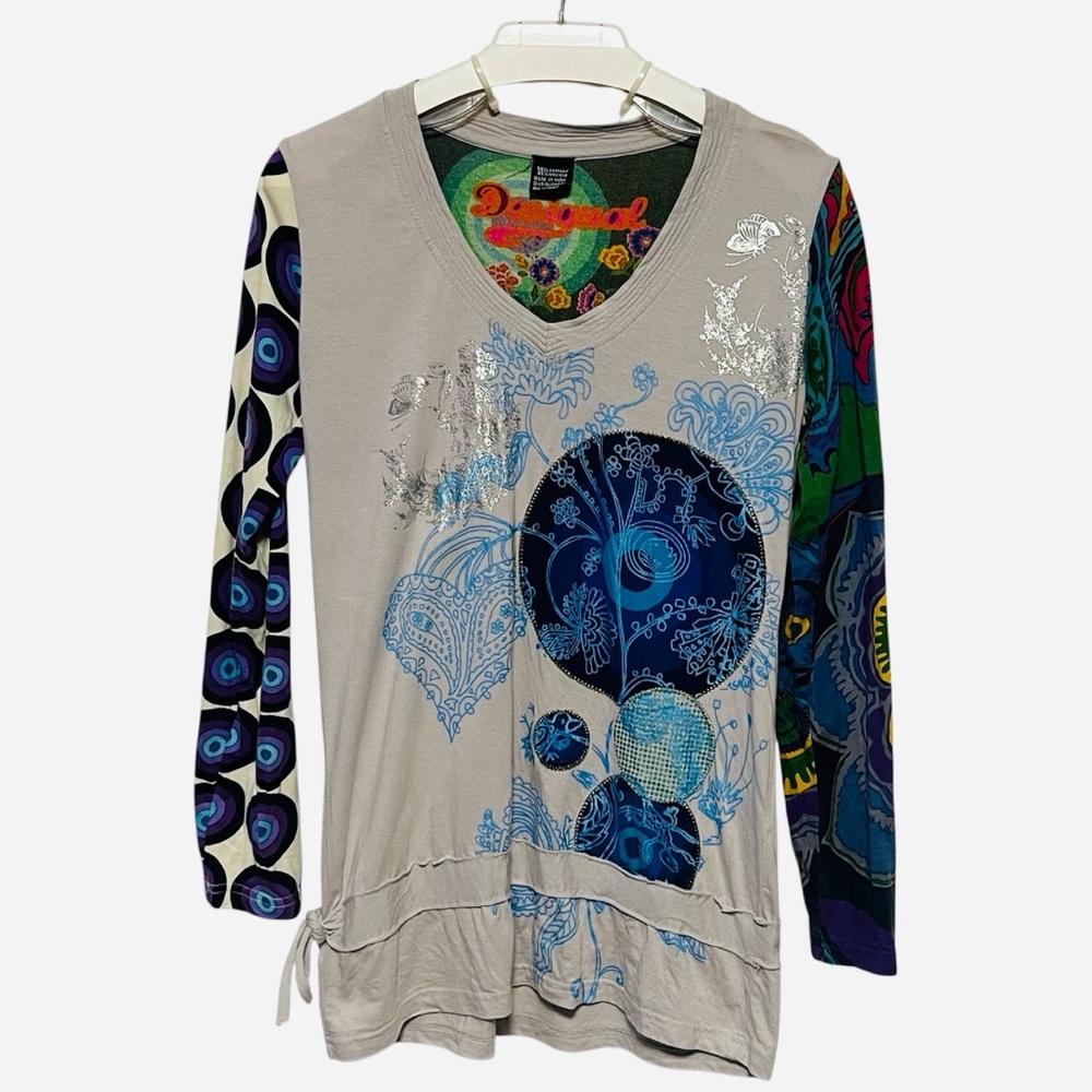 Desigual Women's Long Sleeve Mixed Print Top - Beige, Blue, Purple, Green